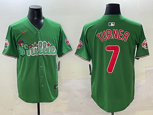 Men's Philadelphia Phillies Trea Turner #7 Green Replica Team Jersey1