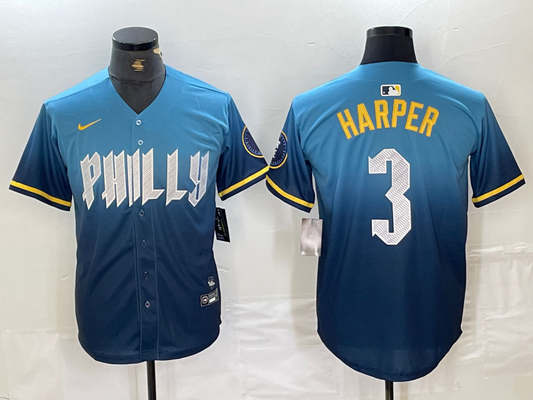 Men's Philadelphia Phillies Bryce Harper #3 Blue 2024 City Connect Limited Player Jersey1