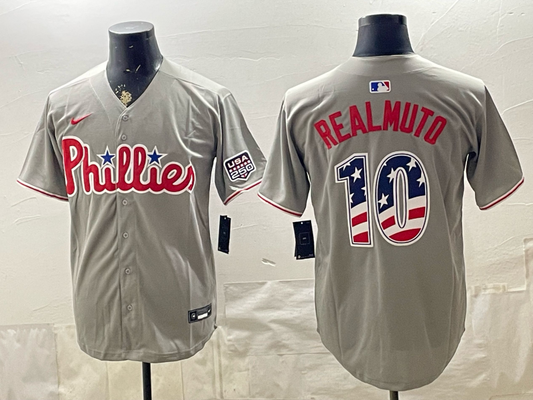 Men's Philadelphia Phillies J.T. Realmuto #10 Gray USA 250 Fourth of July Home Stadium Jersey