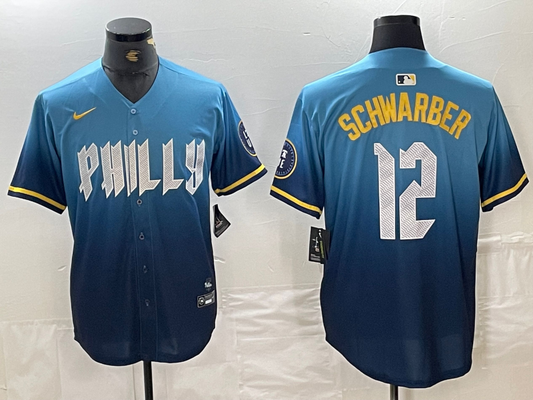 Men's Philadelphia Phillies Kyle Schwarber #12 Blue 2024 City Connect Limited Player Jersey1
