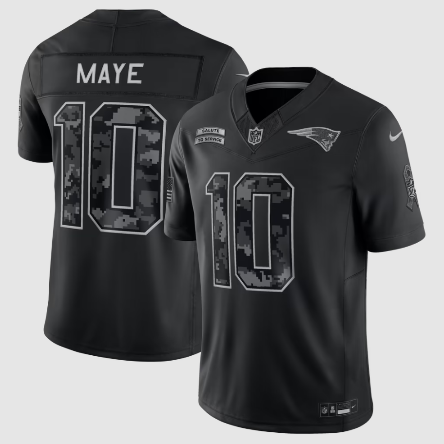 Men's New England Patriots Drake Maye #10 Black 2026 Salute to Service Stitched Limited Jersey