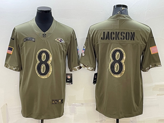 Men's Baltimore Ravens Lamar Jackson #8 Olive 2022 Salute To Service Limited Jersey1