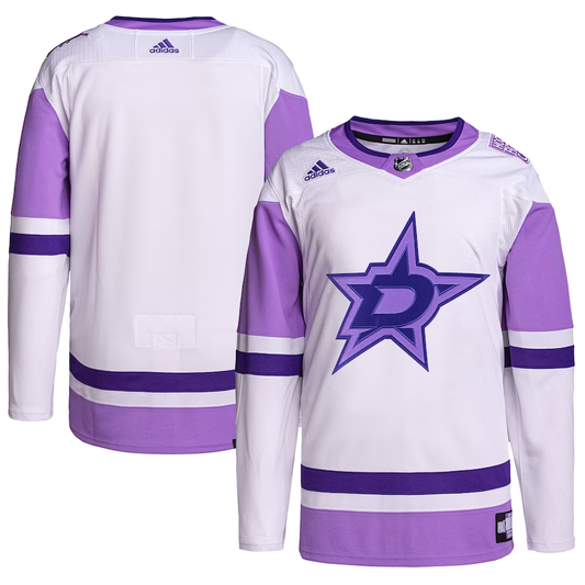Men's Dallas Stars White/Purple Hockey Fights Cancer Primegreen Authentic Blank Practice Jersey1