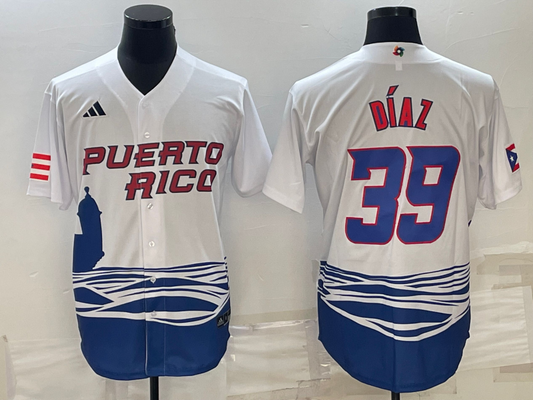 Men's 2023 World Baseball Classic #39 Edwin Diaz Puerto Rico White Jersey1