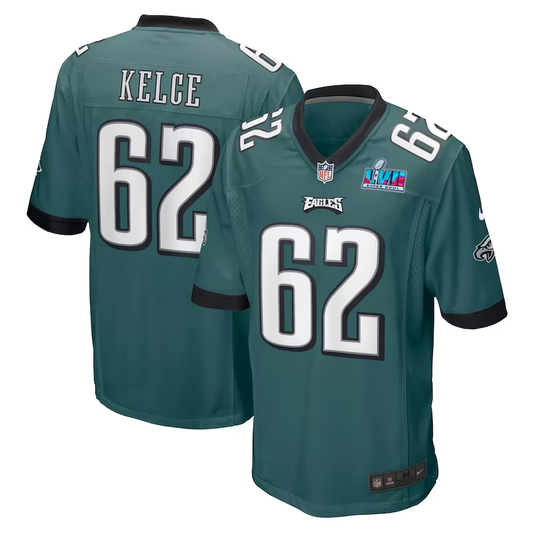Men's Philadelphia Eagles Jason Kelce #62 Midnight Green Super Bowl LVII Patch Game Jersey1