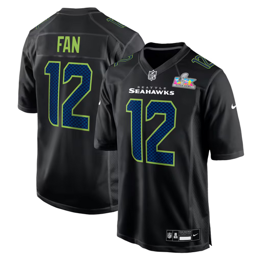 Men's Seattle Seahawks 12s #12 Black Super Bowl LX Patch Carbon Fashion Game Jersey
