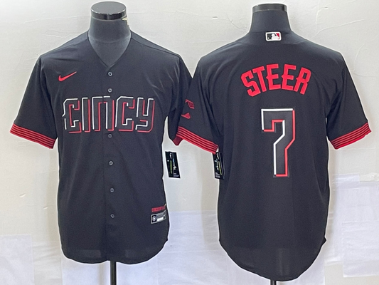 Men's Cincinnati Reds Spencer Steer #7 Black 2023 City Connect Replica Player Jersey1