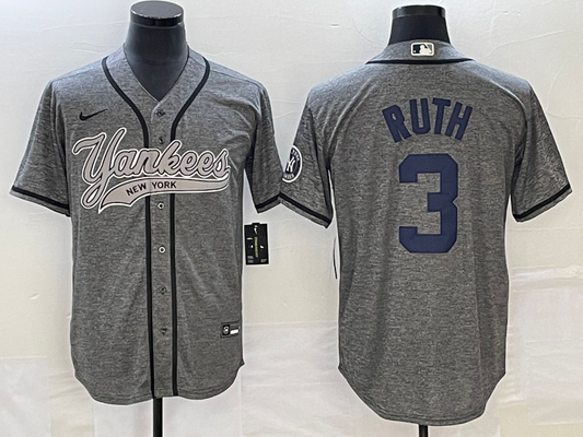 Men's New York Yankees Babe Ruth #3 Gray Game Jersey1 Joint Edition