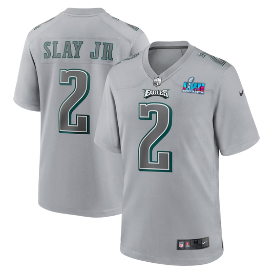 Men's Philadelphia Eagles Darius Slay Jr. #2 Gray Super Bowl LVII Patch Atmosphere Fashion Game Jersey1