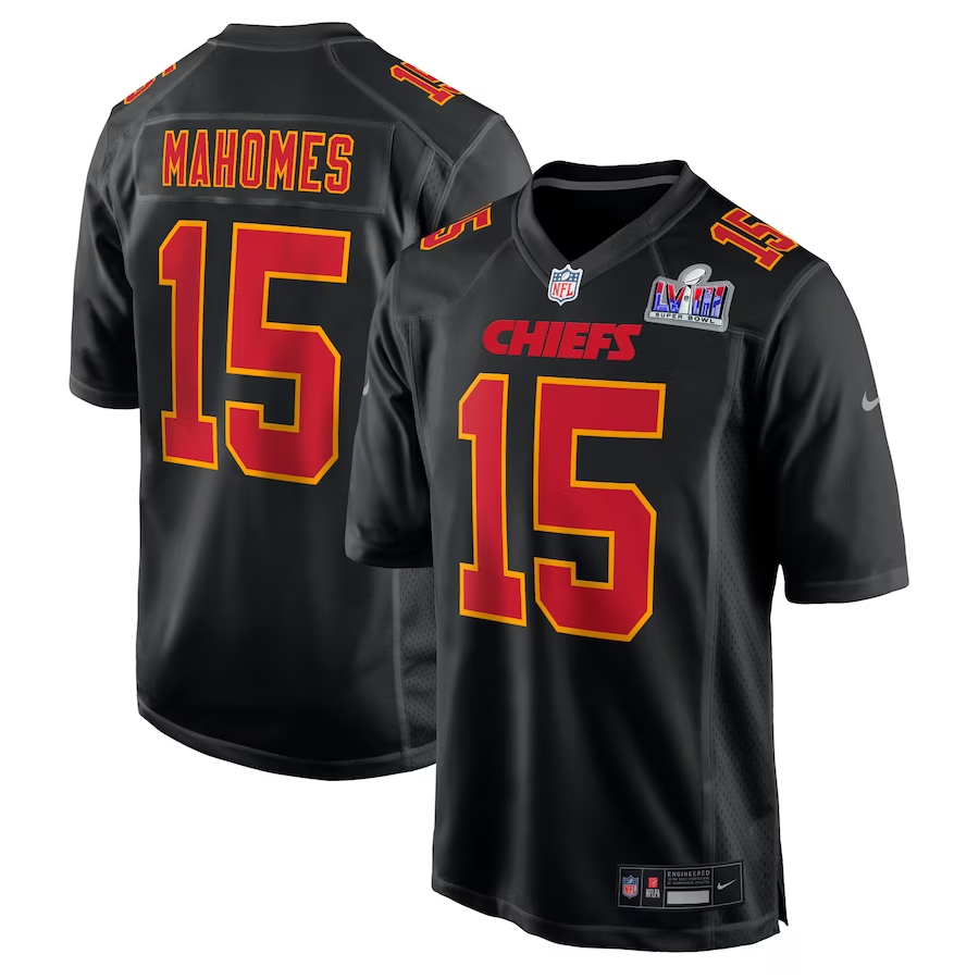 Patrick Mahomes #15 Kansas City Chiefs Black Super Bowl LVIII Carbon Fashion Game Jersey - JerseysFreak
