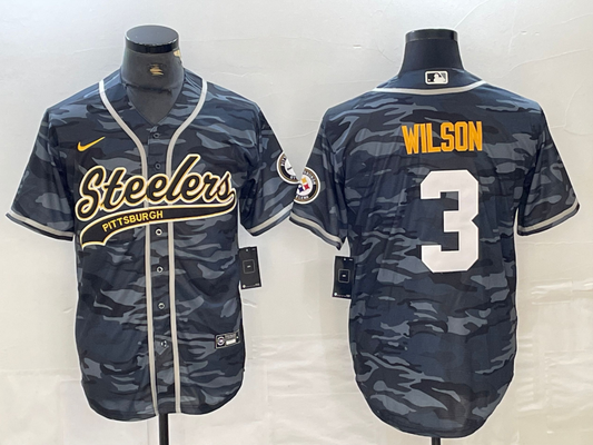 Men's Pittsburgh Steelers Russell Wilson #3 Grey Camouflage Game Jersey1 Joint Edition