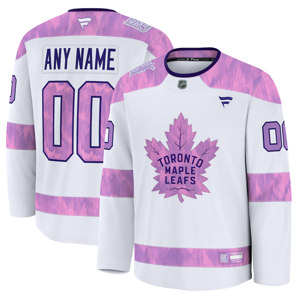 Men's Toronto Maple Leafs Fanatics White Purple 2024 Hockey Fights Cancer Practice Custom Jersey