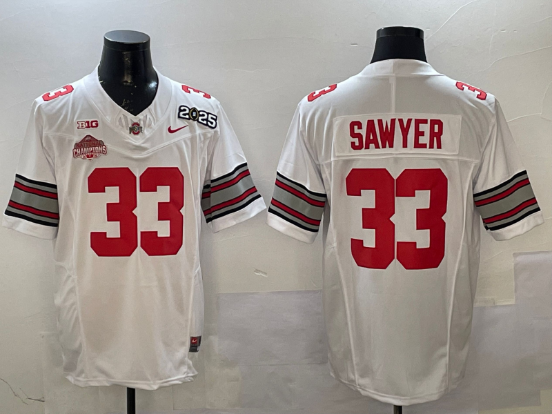 Men's Ohio State Buckeyes Jack Sawyer #33 White 2025 CFP Final National Champions Patch F.U.S.E. Jersey