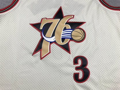 Men's Philadelphia 76ers Allen Iverson #3 Cream Chainstitch Swingman Jersey1