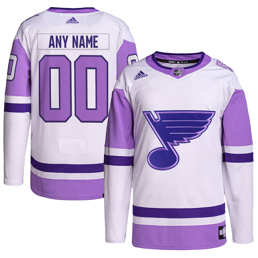 Men's St. Louis Blues White/Purple Hockey Fights Cancer Primegreen Authentic Custom Jersey1