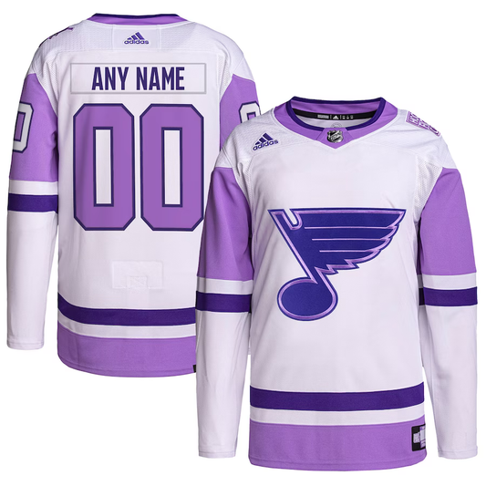 Men's St. Louis Blues White/Purple Hockey Fights Cancer Primegreen Authentic Custom Jersey1