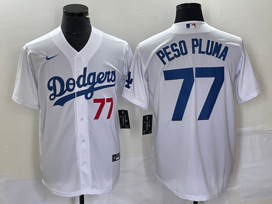 Men's Los Angeles Dodgers Peso Pluma #77 White Replica Player Jersey1