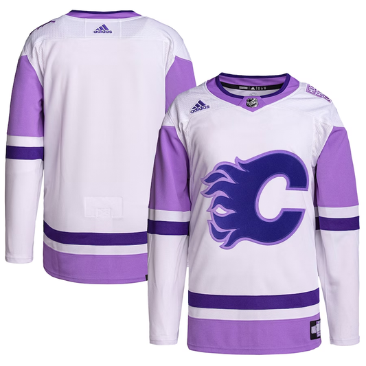 Men's Calgary Flames White/Purple Hockey Fights Cancer Primegreen Authentic Blank Practice Jersey1