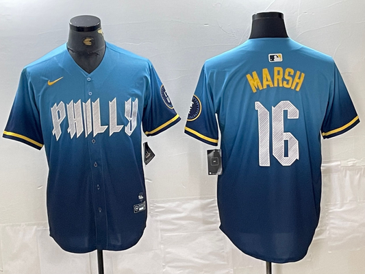 Men's Philadelphia Phillies Brandon Marsh #16 Blue 2024 City Connect Limited Player Jersey1