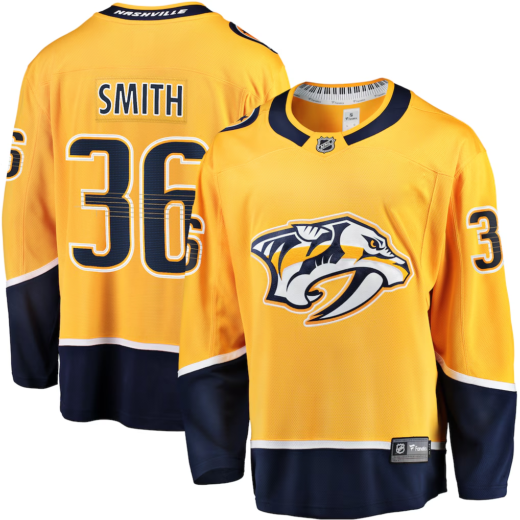 Cole Smith #36 Nashville Predators Gold Breakaway Player Jersey - JerseysFreak