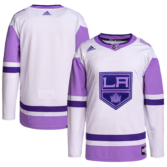 Men's Los Angeles Kings White/Purple Hockey Fights Cancer Primegreen Authentic Blank Practice Jersey1