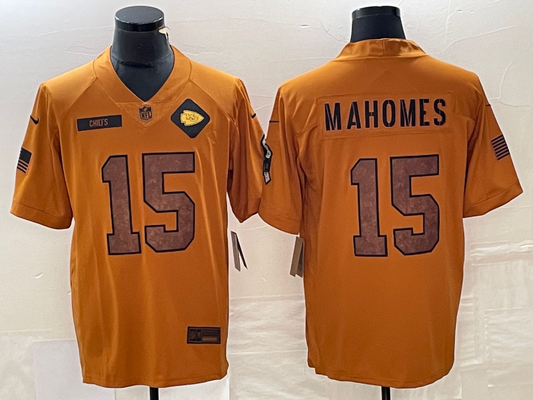 Men's Kansas City Chiefs Patrick Mahomes #15 Brown 2023 Salute To Service Retired Player Limited Jersey1