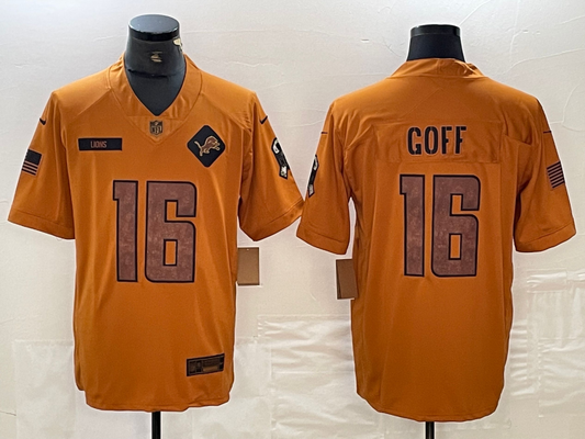 Men's Detroit Lions Jared Goff #16 Brown 2023 Salute To Service Limited Jersey1