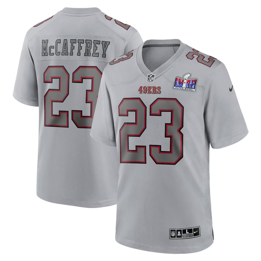 Men's San Francisco 49ers Christian McCaffrey #23 Gray Super Bowl LVIII Atmosphere Fashion Game Jersey1