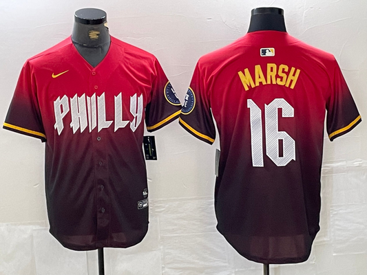 Men's Philadelphia Phillies Brandon Marsh #16 Red 2024 City Connect Limited Player Jersey1