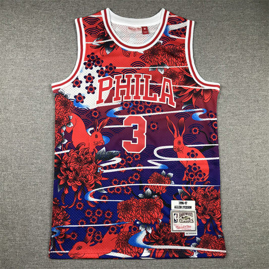 Men's Philadelphia 76ers Allen Iverson #3 Year of Rabbit Edition Hardwood Classics Swingman Jersey1