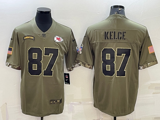 Men's Kansas City Chiefs Travis Kelce #87 Olive 2022 Salute To Service Limited Jersey1