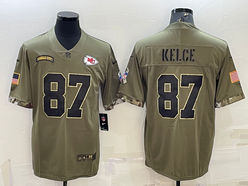Travis Kelce #87 Kansas City Chiefs Olive 2022 Salute To Service Limited Jersey - JerseysFreak