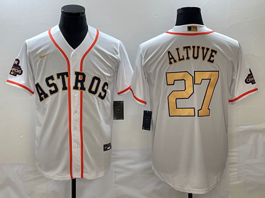 Men's Houston Astros Jose Altuve Nike White/Gold 2023 Gold Collection Replica Player Jersey1