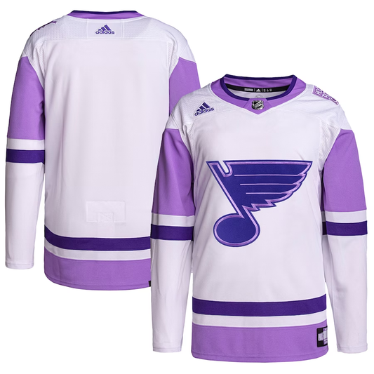 Men's St. Louis Blues White/Purple Hockey Fights Cancer Primegreen Authentic Blank Practice Jersey1