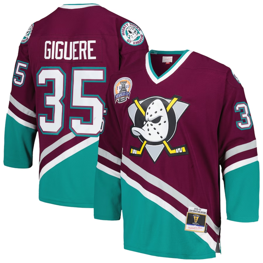 Men's Anaheim Ducks Jean-Sebastien Giguere Mitchell #35 Ness Purple 2002/03 Blue Line Player Jersey1