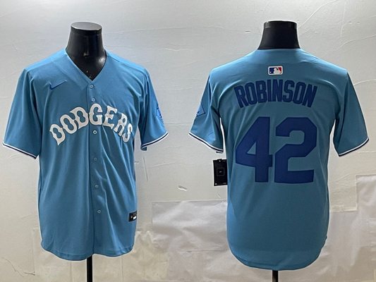 Men's Los Angeles Dodgers Jackie Robinson #42 Light Blue Replica Player Jersey1
