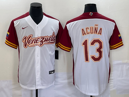 Men's 2023 World Baseball Classic #13 Ronald Acu?a Jr. Venezuela White Jersey1