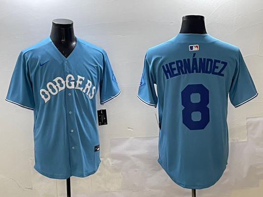 Men's Los Angeles Dodgers Enrique Hernandez #8 Light Blue Replica Player Jersey1