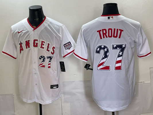 Men's Los Angeles Angels Mike Trout #27 White USA 250 Fourth of July Home Stadium Jersey