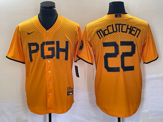 Men's Pittsburgh Pirates Andrew McCutchen #22 Gold 2023 City Connect Replica Player Jersey1