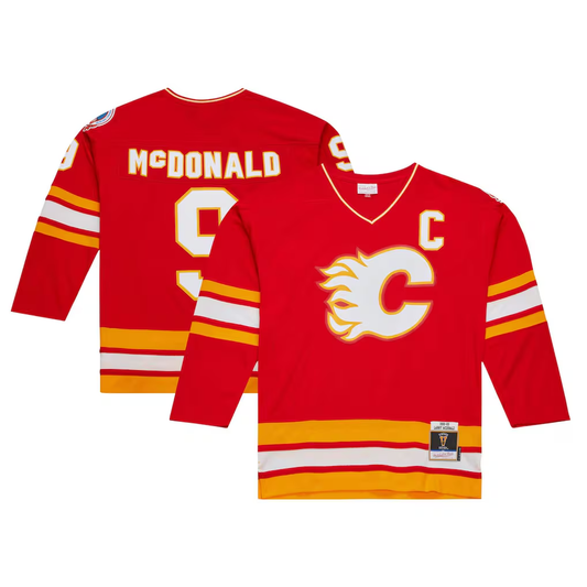 Men's Calgary Flames Lanny McDonald #9 Mitchell & Ness Red Captain Patch 1988/89 Blue Line Player Jersey