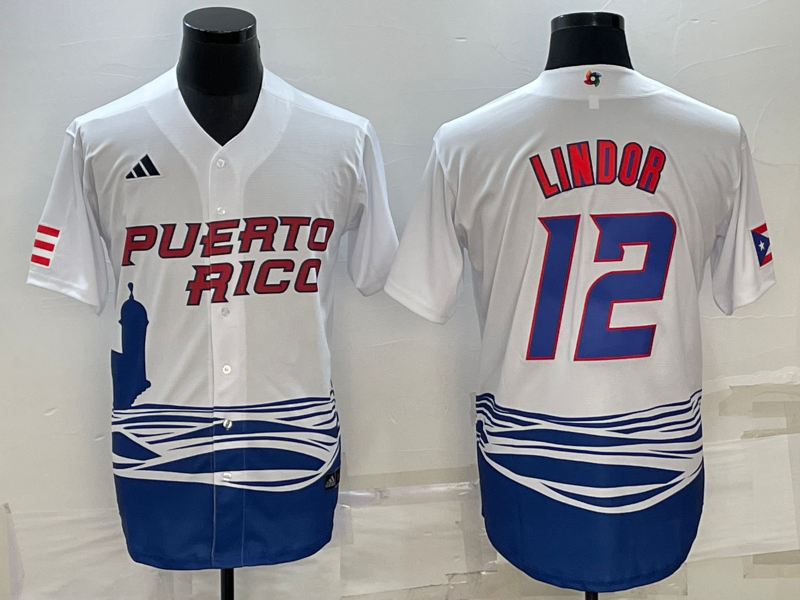 Men's 2023 World Baseball Classic #12 Francisco Lindor Puerto Rico White Jersey1