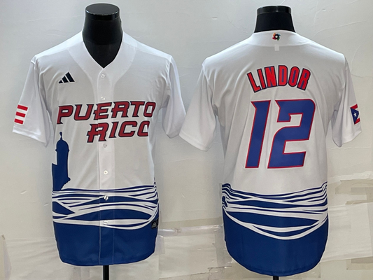 Men's 2023 World Baseball Classic #12 Francisco Lindor Puerto Rico White Jersey1