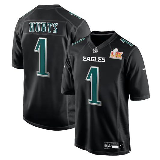 Men's Philadelphia Eagles Jalen Hurts #1 Carbon Black Super Bowl LIX Fashion Game Player Jersey1