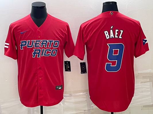 Men's 2023 World Baseball Classic #9 Javier Baez Puerto Rico Red Jersey1