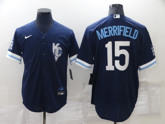Men's Kansas City Royals Whit Merrifield #15 Navy Replica Baseball Jersey1