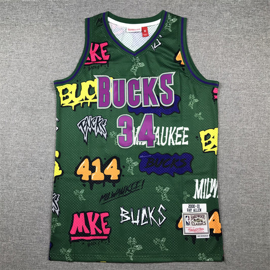 Men's Milwaukee Bucks Ray Allen #34 Green Swingman Player Jersey1 - Graffiti Edition