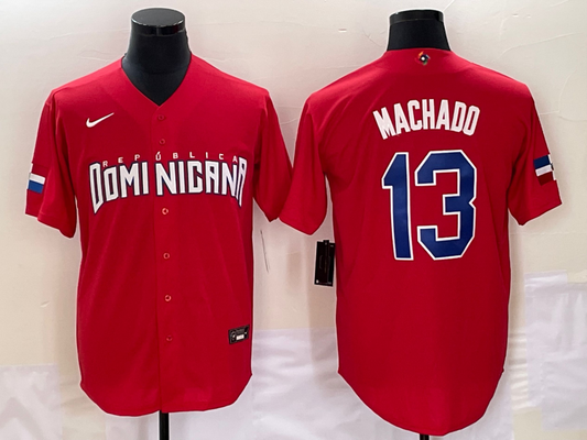 Men's 2023 World Baseball Classic #13 Manny Machado Dominican Republic Red Jersey1