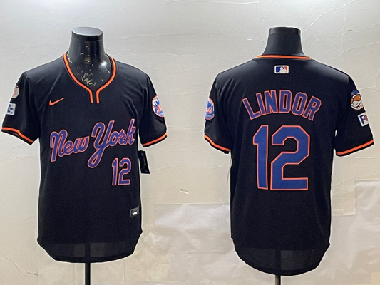 Men's New York Mets Francisco Lindor #12 Black Replica Player Jersey1