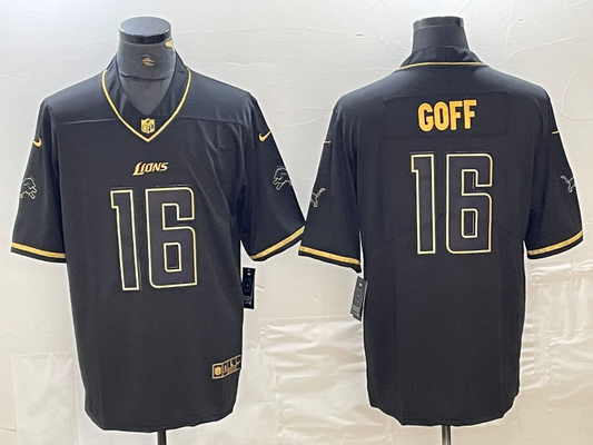 Men's Detroit Lions Jared Goff #16 Black Game Jersey1